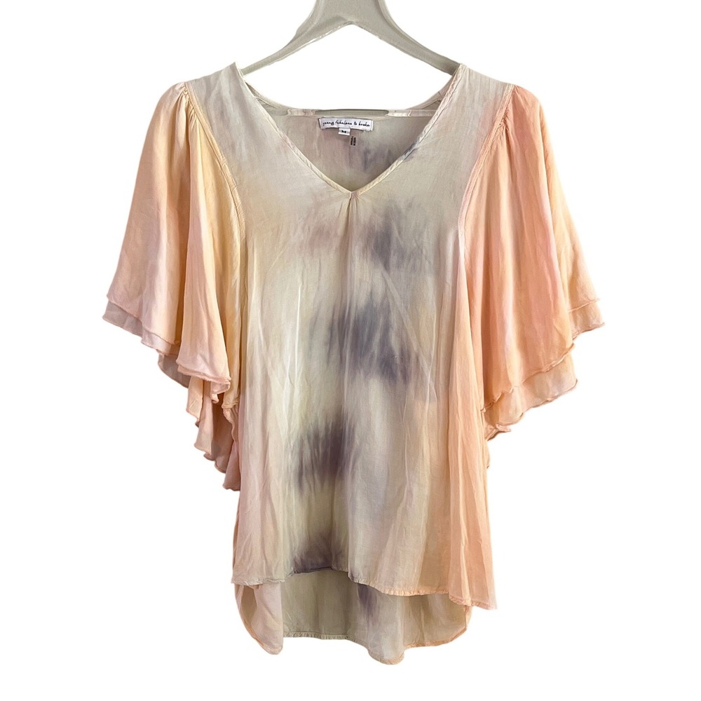 Young Fabulous & Broke Flutter Sleeve Top M Womens Tie Dye V-Neck Peach Boho